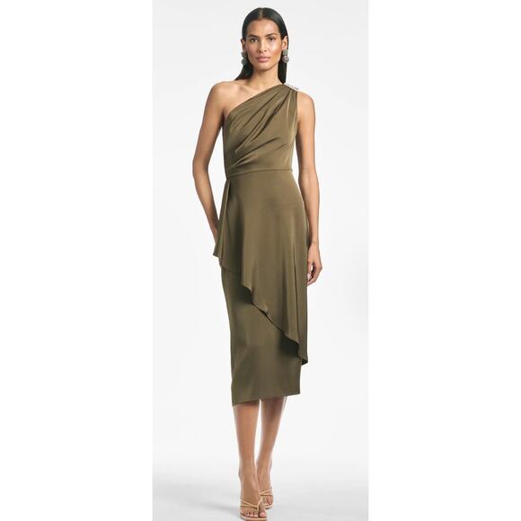 Sachin & Babi Evangeline Olive Green One Shoulder Jewel Midi Dress 8 - Picture 1 of 10